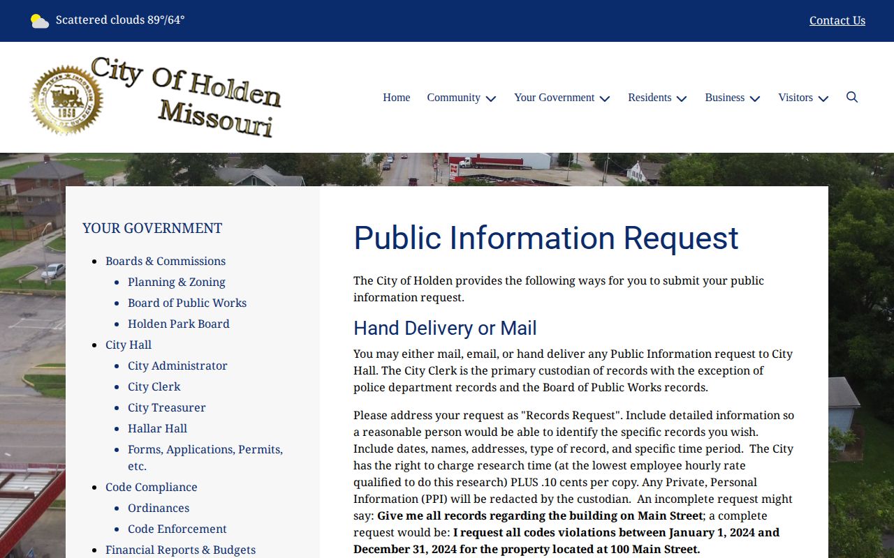 Holden public-information request page for police arrest records