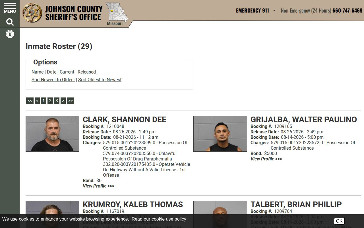 Johnson County official 48-hour release roster custody record view