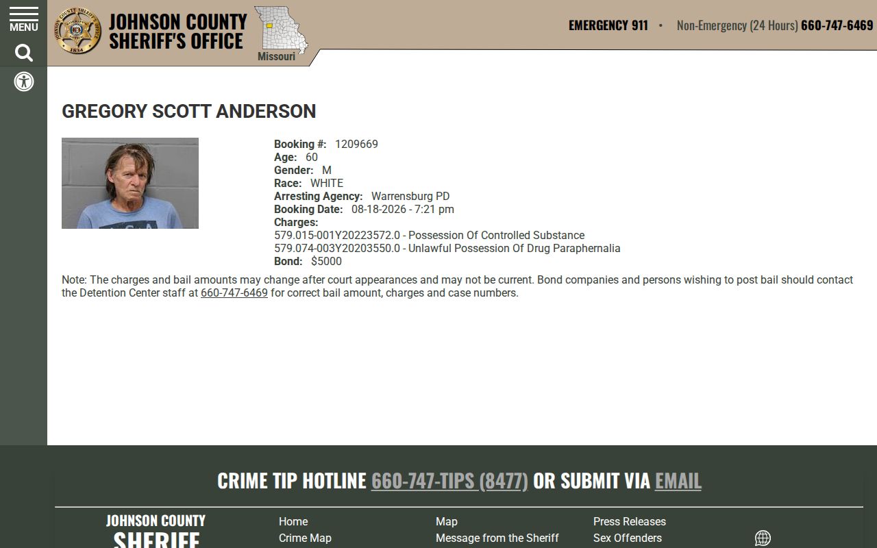 Johnson County official booking profile field layout