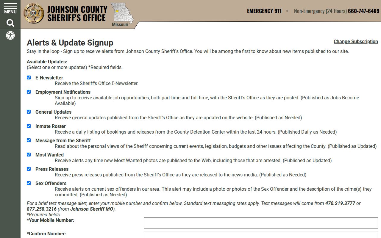 Johnson County Sheriff official roster and wanted alerts subscription page